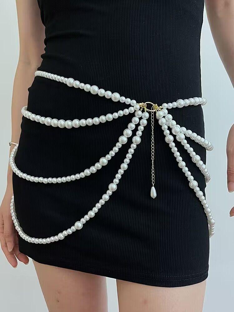 

New multi-layer imitation pearl belly button waist body chain personalized layered street shot belt dress bikini waist chain