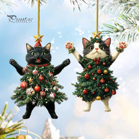 1/2Pcs Christmas Pendant Ornament Xmas Ball Decor Cat Shape Festive Hanging Decoration with Lanyard Christmas Gift