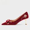 Fashion Women's Fashion Thin Heel Shoes Spring New Pointed Head Shallow Mouth Suede Flowers Anti-slip Wear-resistant Wedding Shoes