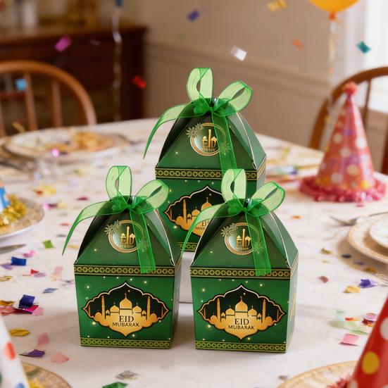 10Pcs Eid Gift Box with Ribbon Bow Candy Treats Goodies Chocolates Cookie Storage Box Festival Paper Party Favors Present Packing Box