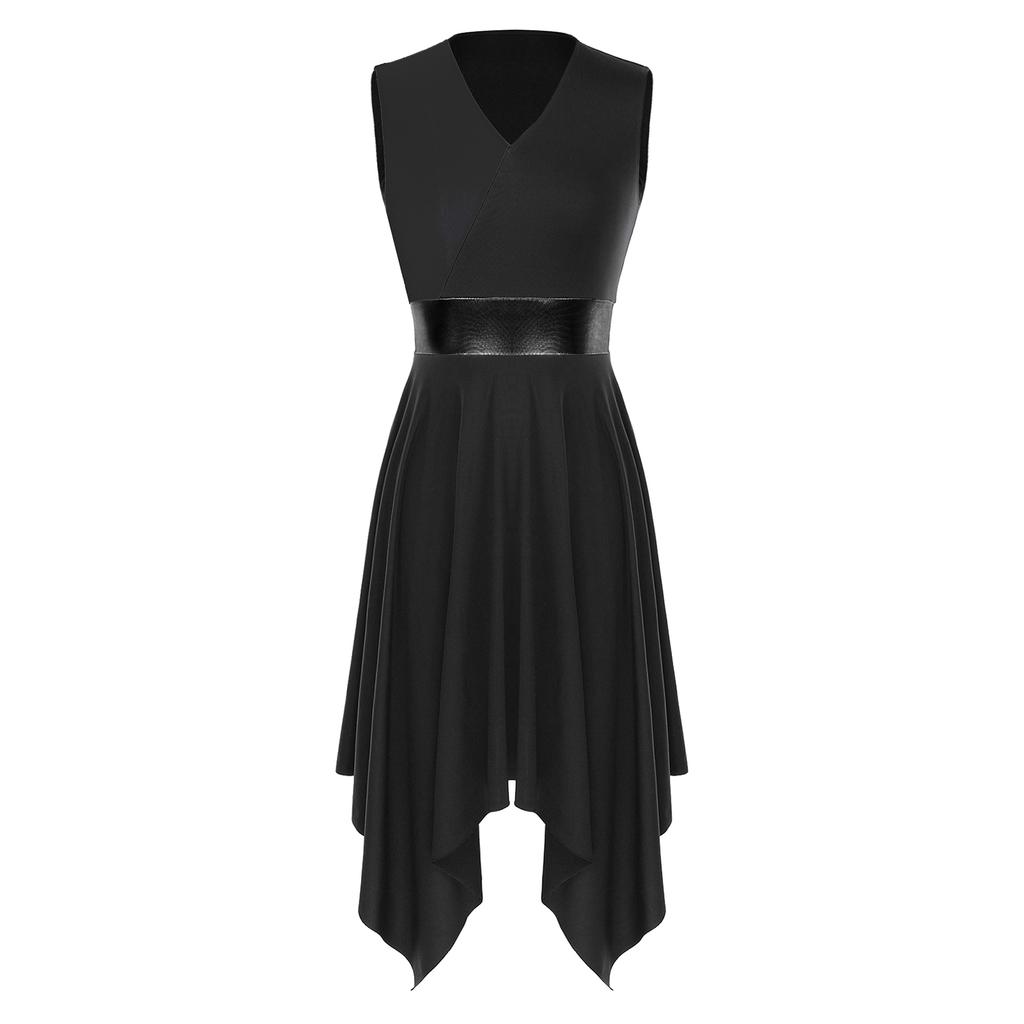 Womens Party Dance Dress V Neck Sleeveless Color Block Patchwork Irregular Hem Performance Outfit