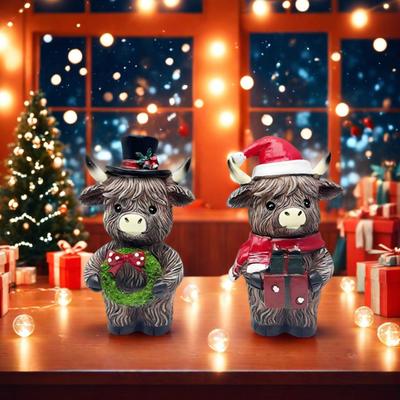 Yousheng 2Pcs Highland Cow Figurine Autumn Pumpkin Maple Highland Cow Statue Resin Scottish Cattle Sculpture Calf Lovers Gifts for Thanksgiving Tiered