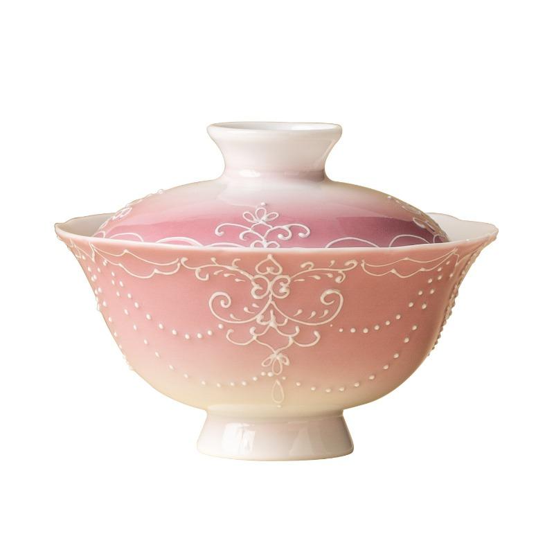 Gradient Pink Gaiwan Tea Cup Ceramic Brewing Set Hand Painted Carving with Lid Home Use Single High End Kung Fu Tea Ware