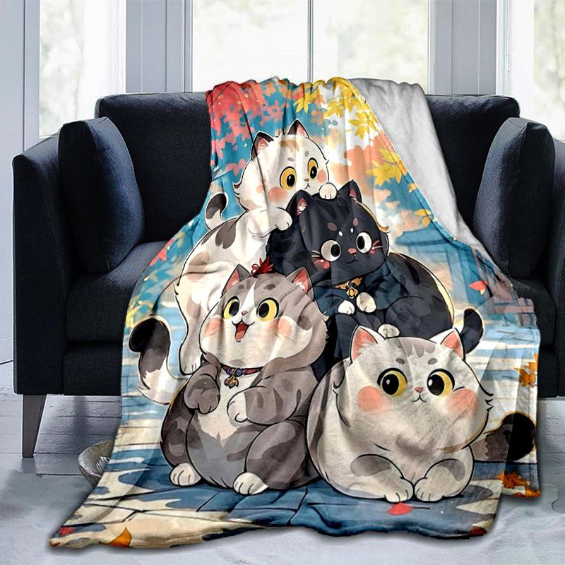 1pc Four Cute Lucky Cats Cartoon Blanket Seasonal Home Decor Gift for Fans, Soft for Couch, Living Room, Travel, Camping