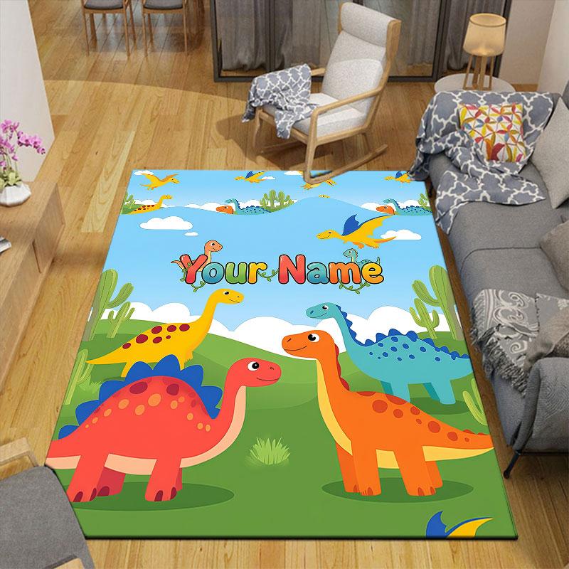 Custom Name,Cute Cartoon Dinosaur Home Sofa Decoration for Living Room & Bedroom, Non‑Slip Play Flannel Floor Mat for Game Room