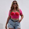 European and American Large-size Women's Clothing New Short Square Collar Slim-fitting Short-sleeved Contrasting T-shirt Top