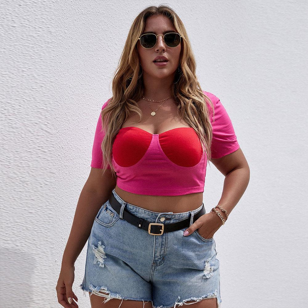 European and American Large-size Women's Clothing New Short Square Collar Slim-fitting Short-sleeved Contrasting T-shirt Top