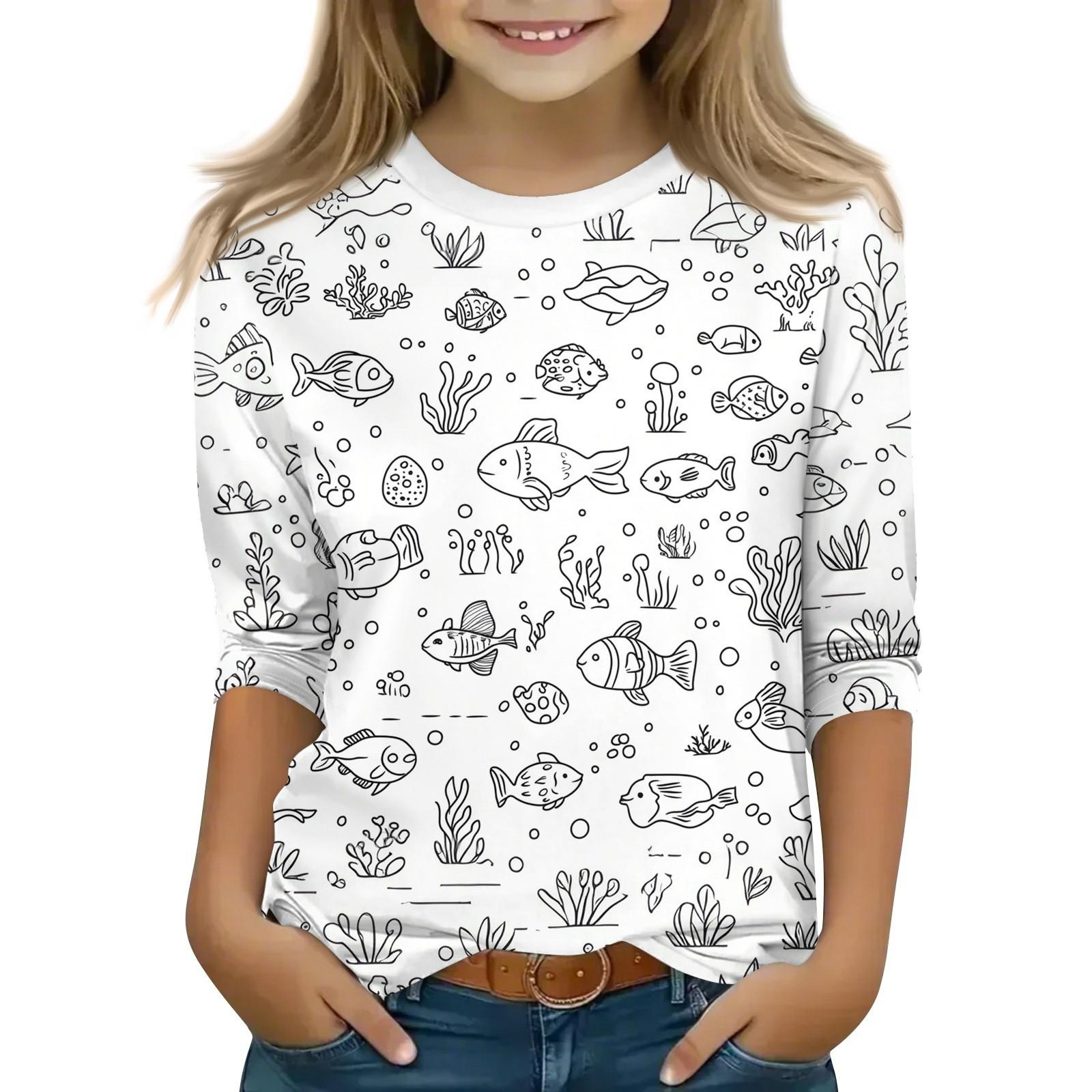 

Детские топы с рукавами 3/4, футболка с принтом, круглый вырез, пуловер, блузка, детские раскрашенные вручную цветные топы 150 белый