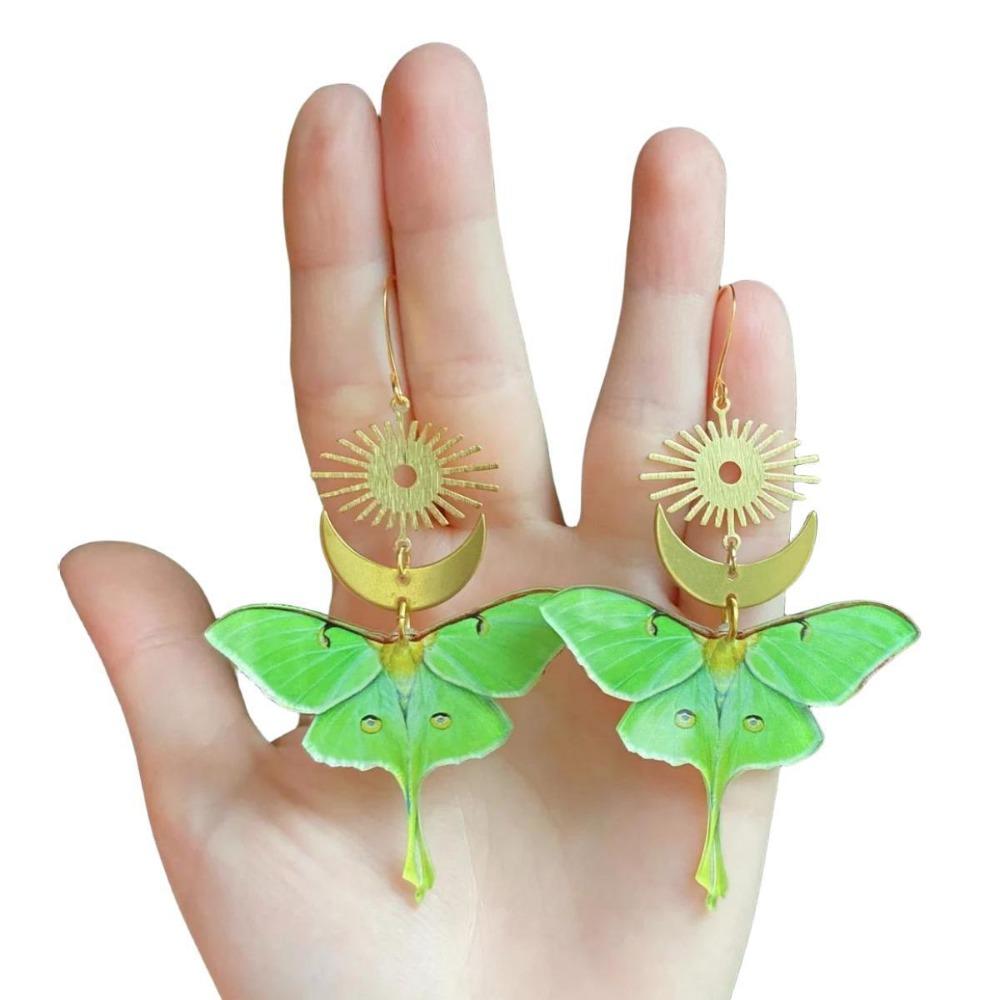 Gothic Bohemia Gold Color Stainless Steel Sun Crescent Moon Green Insect Moth Dangle Earrings for Women Jewelry Accessories Gift