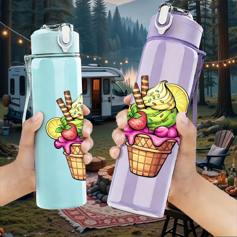 1PC Colorful Ice Cream Fruit Print 750ml Color Plastic Sports Water Bottle Leakproof Flip Straw Lid Suitable for Sports Office Home Use