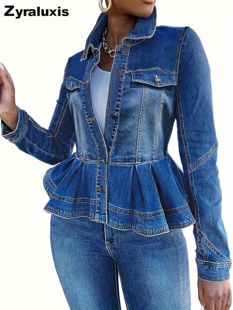 New Stylish Versatile Slim-Fit Long-Sleeve Denim Jacket for Women, Designer Top with Waist Cinching and Ruffle Hem