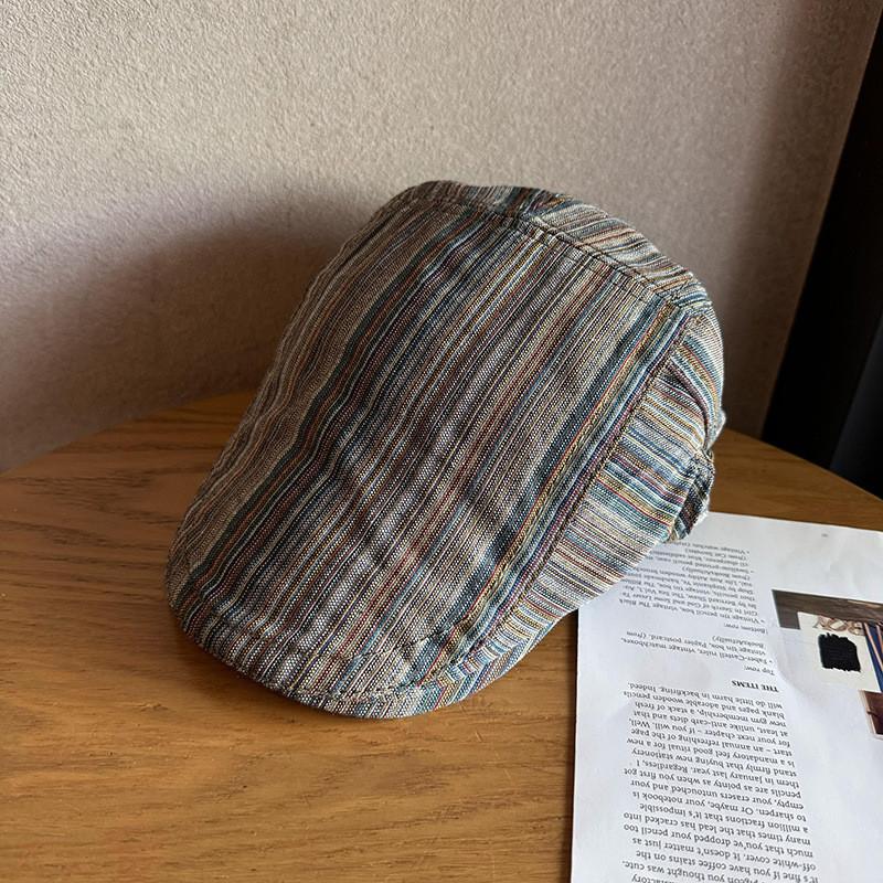 Brimmed Short Retro Beret With Stripe Design For Spring Summer Accessory Fashion