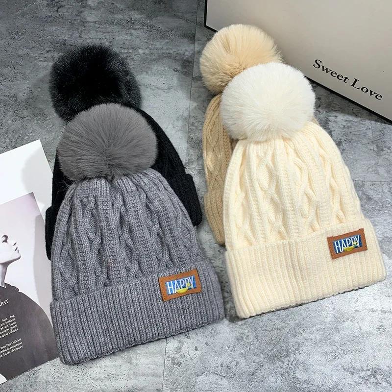 Winter Warm Female Fur Pom Poms Hat Winter Hat for Women Girl 's Cap Knitted Classic Beanies Cap Hats Thick Women Skullies