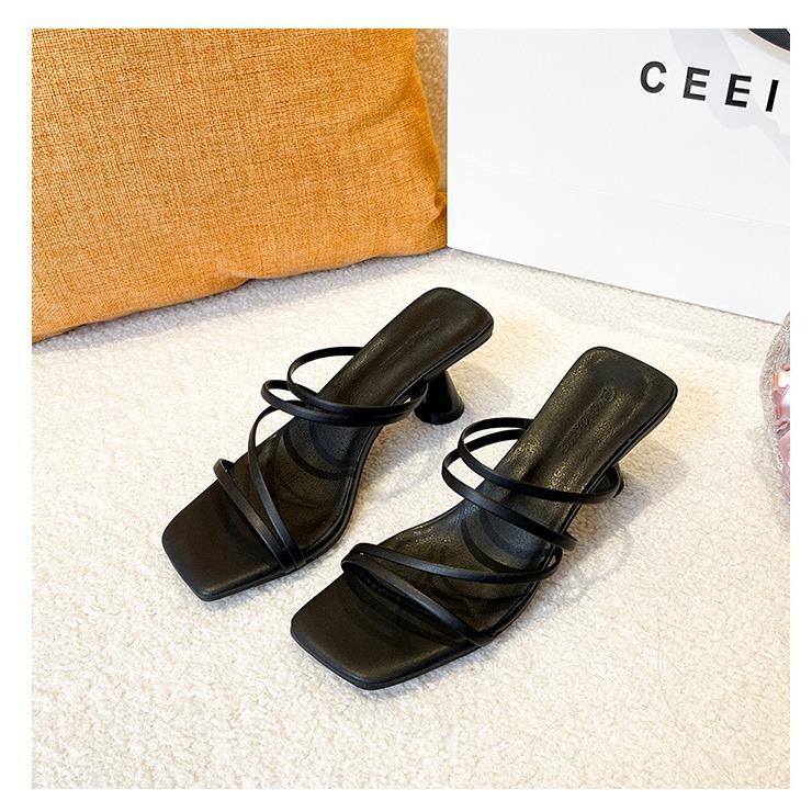 Zhike · Two Women Wearing Cool Slippers 2025 New Summer Mid-heel Thin Strap One-word Belt Versatile Fairy Style Sandals