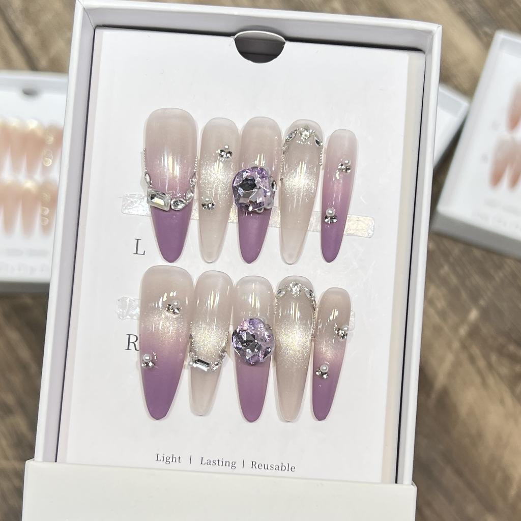 Pure Hand-wearing Armor High-end Purple French Cat Eye Flash Zircon Crushed Diamond Nail Art Fake Nail