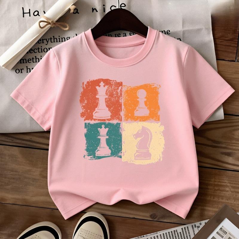 Kids Crew Neck Short Sleeve T-Shirt with Colorful Background & Chess Piece Print