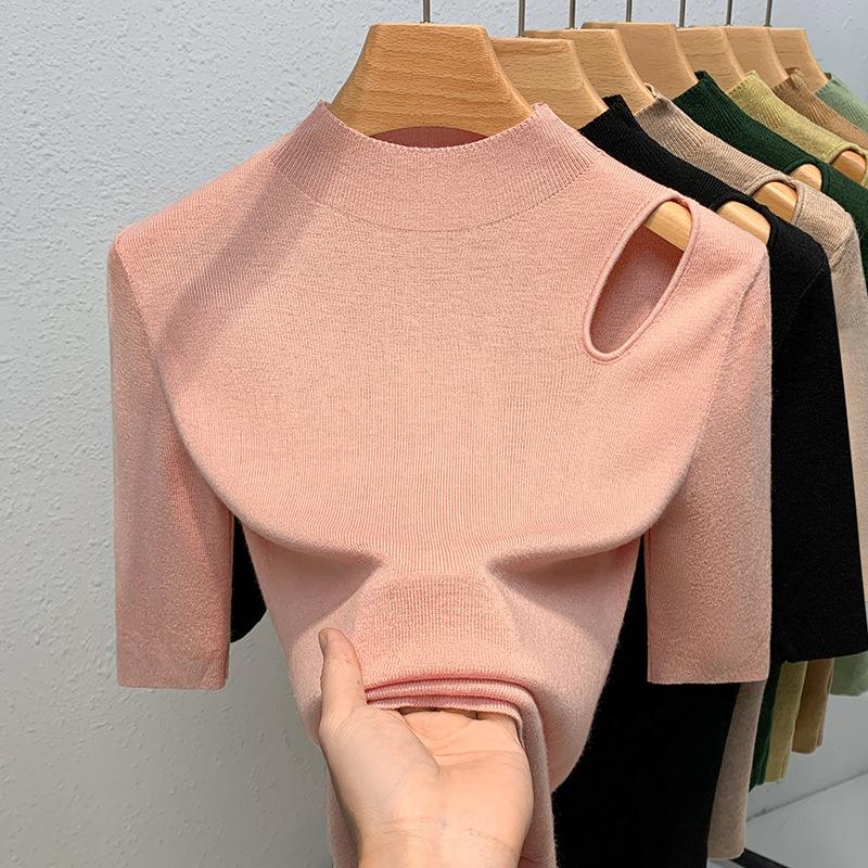 Half Turtleneck Knitted Sweater Women's New European Women's Clothing Sexy Pullover Sweater Temperament Five-quarter Sleeve Top