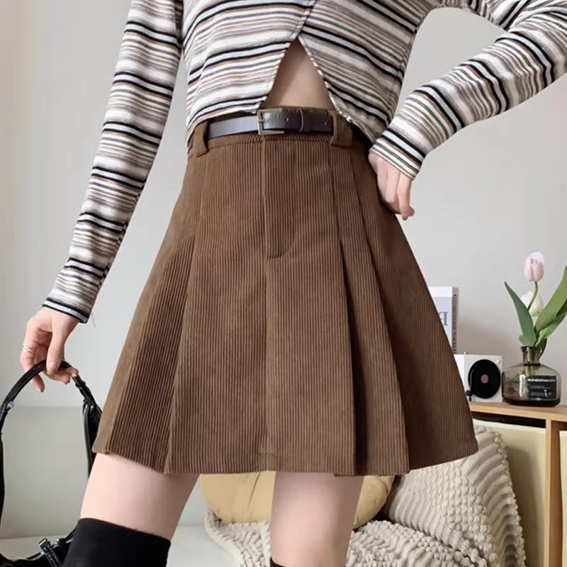 Korean Style A-Line High Waist Pleated Corduroy Skirt - Short, Anti-Exposure, 2024 Autumn/Winter Collection (No Belt)