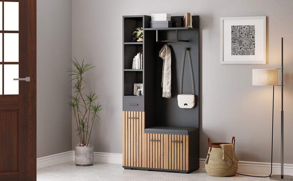 Armadio Compatto 80*35*175cm, Mobiletto Portaoggetti con 2 Ganci Appendiabiti, Mobiletto da Ingresso, Appendiabiti con Panca per Scarpe, Armadietto Imbottito, Colore Nero + Legno