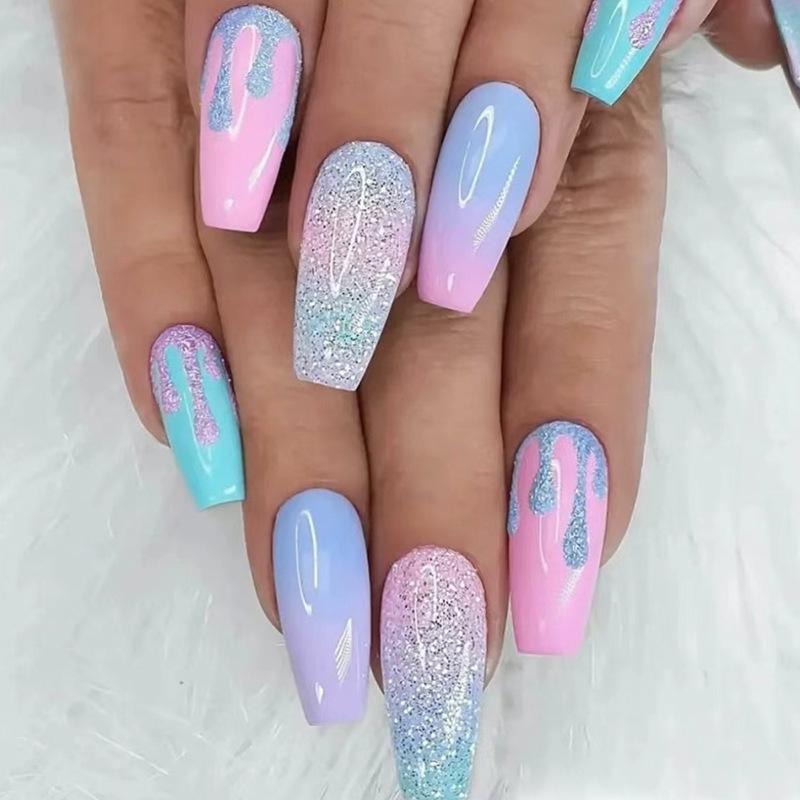 Sweet flash girl macaron color gradual change manicure flowing heart summer cute wear nail fake nails