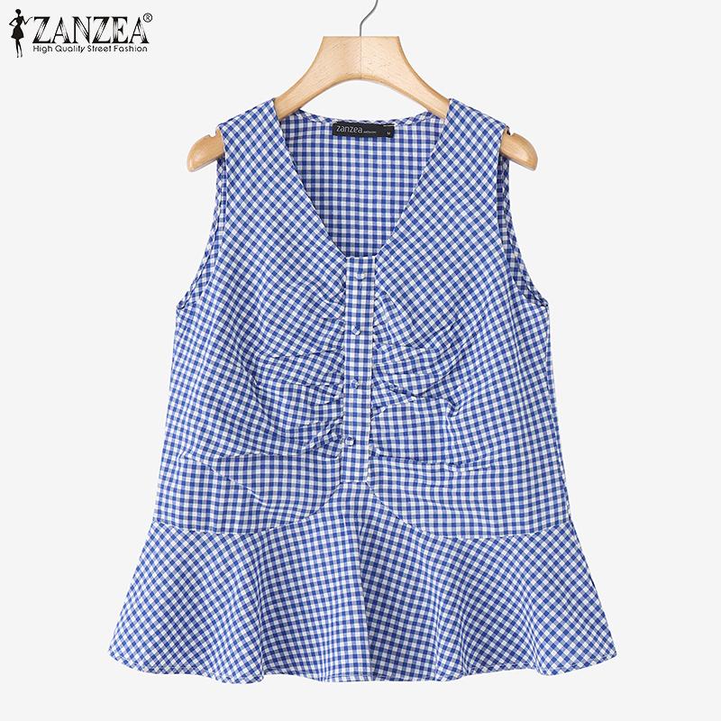 ZANZEA Women Casual V-Neck Summer Plaid Print Tank Tops
