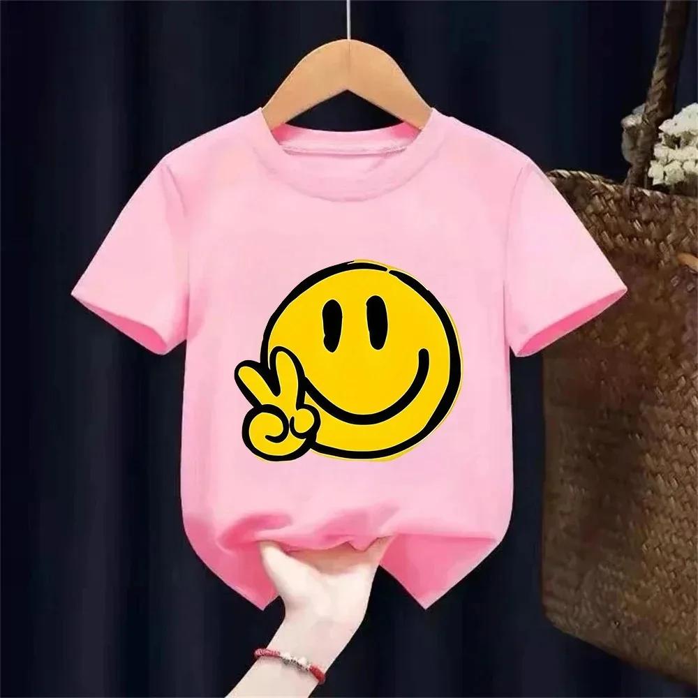 Kinder Cartoon Smiley Gesicht Druck Kurzarm T-Shirt Lässiger und Vielseitiger Stil Geeignet für Ausflüge und Tägliches Tragen