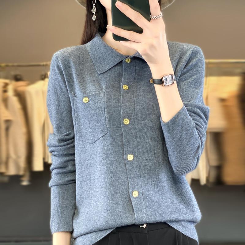 Autumn New Polo Neck Sweater Cardigan Button Niche Design Outside Wear Long Sleeve Knitted Bottom Top