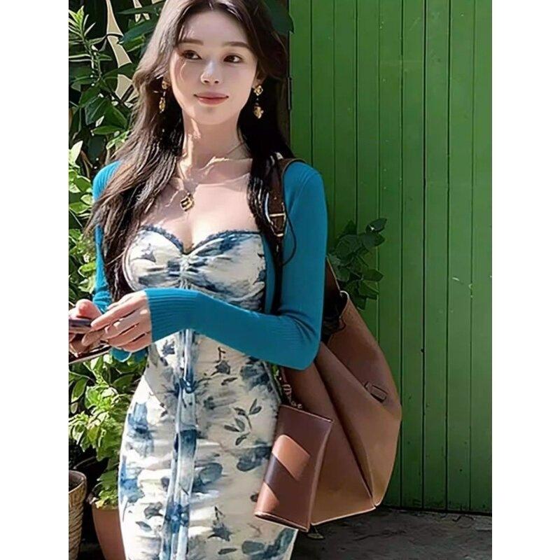 Autumn new niche pure desire sexy retro printing French dress cardigan set tulle slim fit