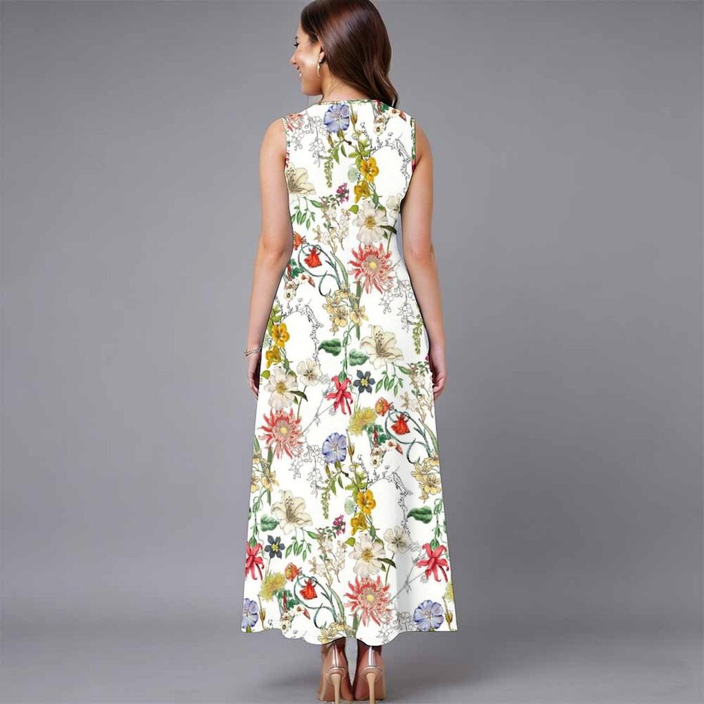Women Plus Size Sleeveless Round Neck Dress Charming Floral Pattern Loose Mid Calf Gown