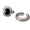 PANJBJ 925 Sterling Silve Black Agate Ring for Women Punk Irregular Hollow Out Liquid Lava Adjustable Jewelry Gift Dropshipping
