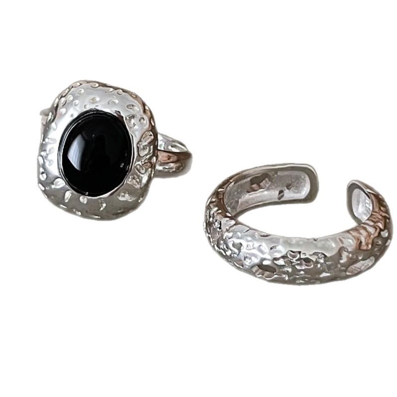 PANJBJ 925 Sterling Silve Black Agate Ring for Women Punk Irregular Hollow Out Liquid Lava Adjustable Jewelry Gift Dropshipping