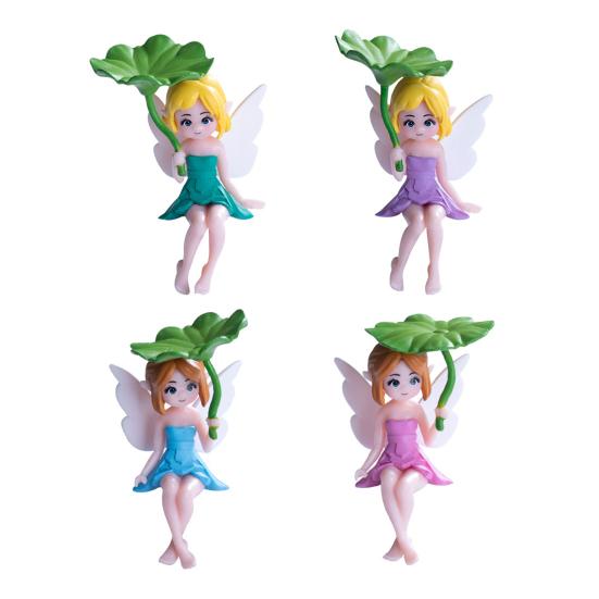 4 Pcs Miniature Fairy Figurines, Tiny Winged Elf Lotus Leaf Statue for DIY Fairy Garden, Flower Pot, Bonsai, Micro Landscapes, Craft Decoration
