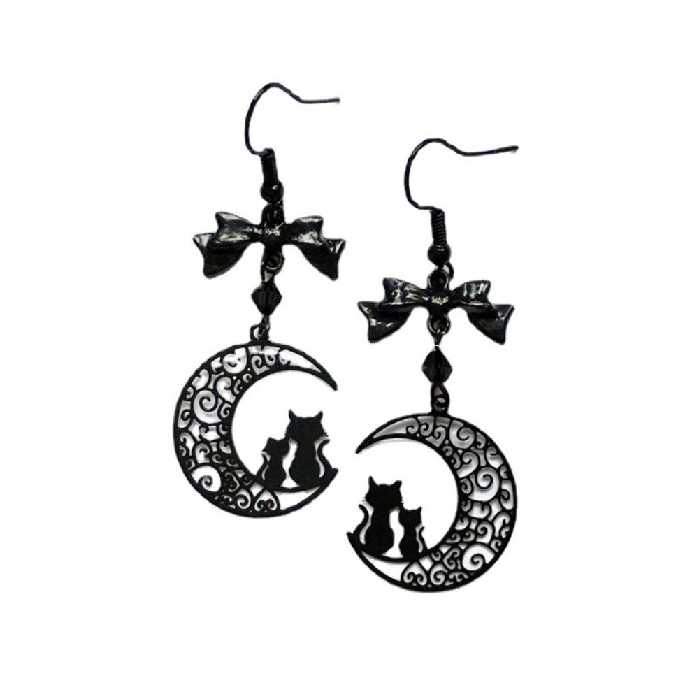 Charm Gothic Black Bowknot Hollowed-out Crescent Moon Kitten Dangle Earrings for Women Halloween Party Witch Jewelry Accessories