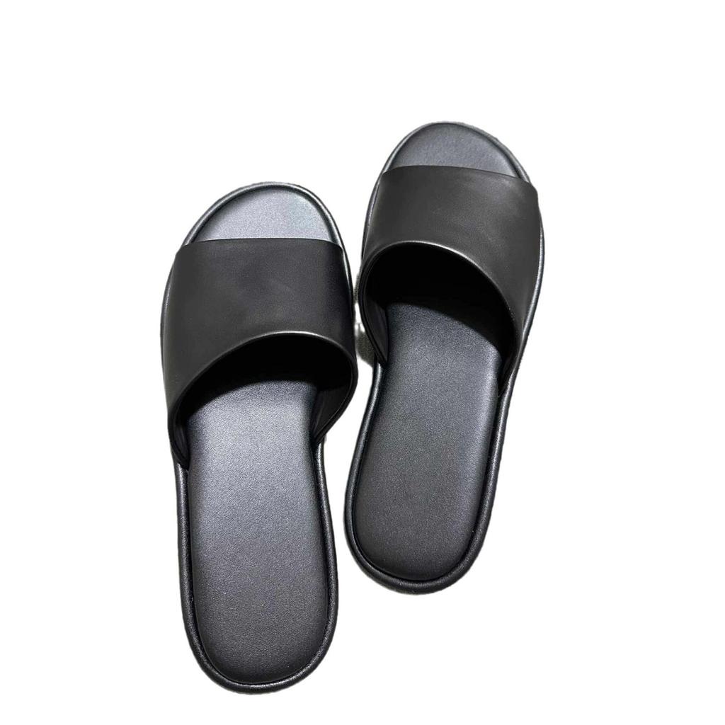 Leather niche row style one-word slippers women's outer wear summer new comfortable flat bottom soft bottom beach half tray sandals
