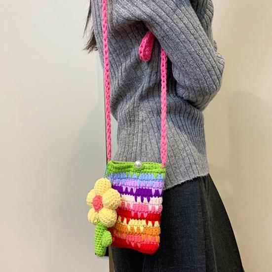Women Crossbody Bag Colorful Crochet Cartoon Flower Pendant with Faux Pearl Lock Design