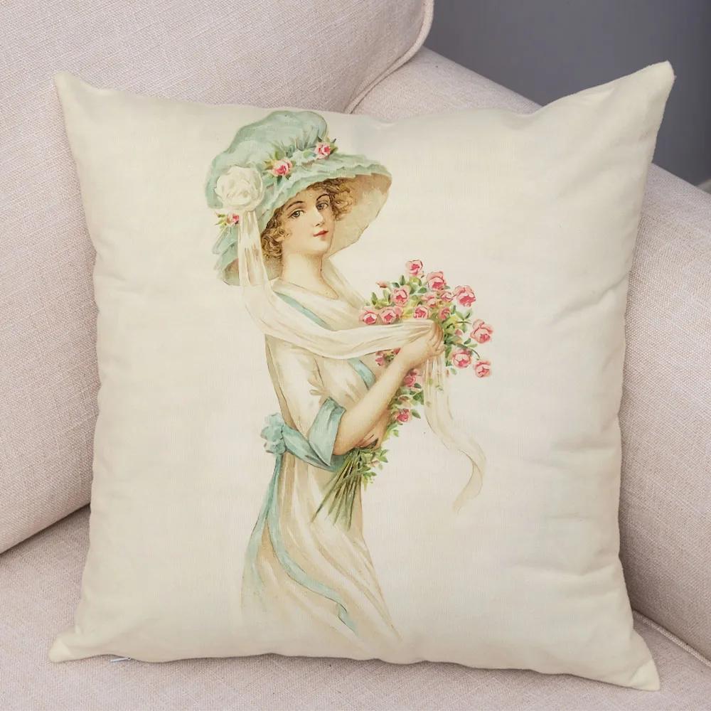 European Lady Cushion Cover Decor Vintage Style Elegant Women Print Pillowcase for Sofa Home Car Soft Plush Pillow Case 45x45cm