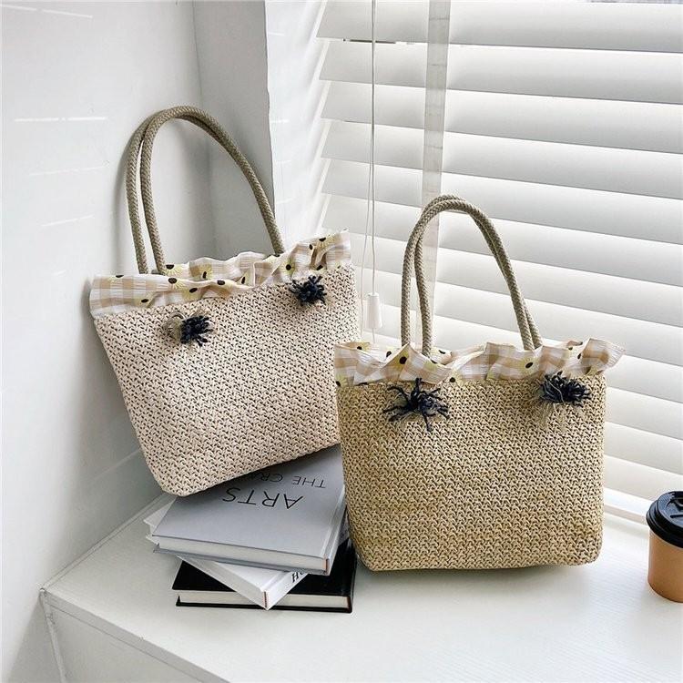 Chic Fashionable Womens Large Shoulder Bag Elegant Woven Tote Handbag With Embroidery Details