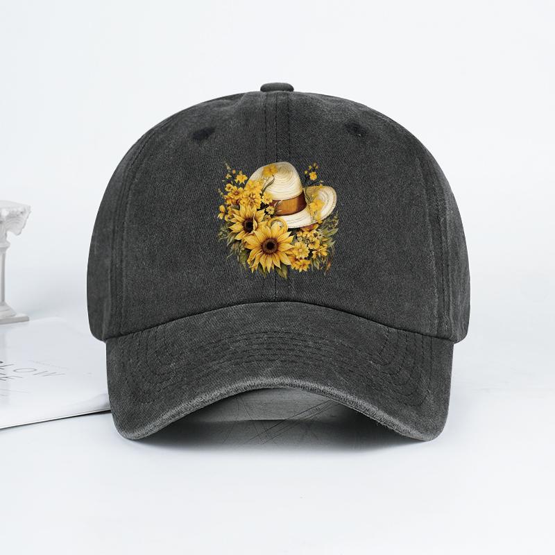 Sunflower Straw Hat Print Baseball Cap Men Women Vintage Washed Cotton Adjustable Dad Hat Summer Floral Sun Hat