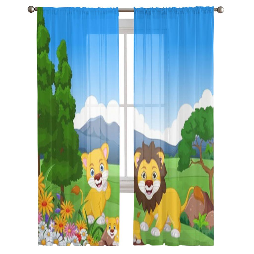 Lustiger Löwe-Cartoon im Dschungel, Tüllvorhänge für Wohnzimmer, Küche, Fenster, Vorhänge, Heimdekoration, transparenter Vorhang für Kinderschlafzimmer