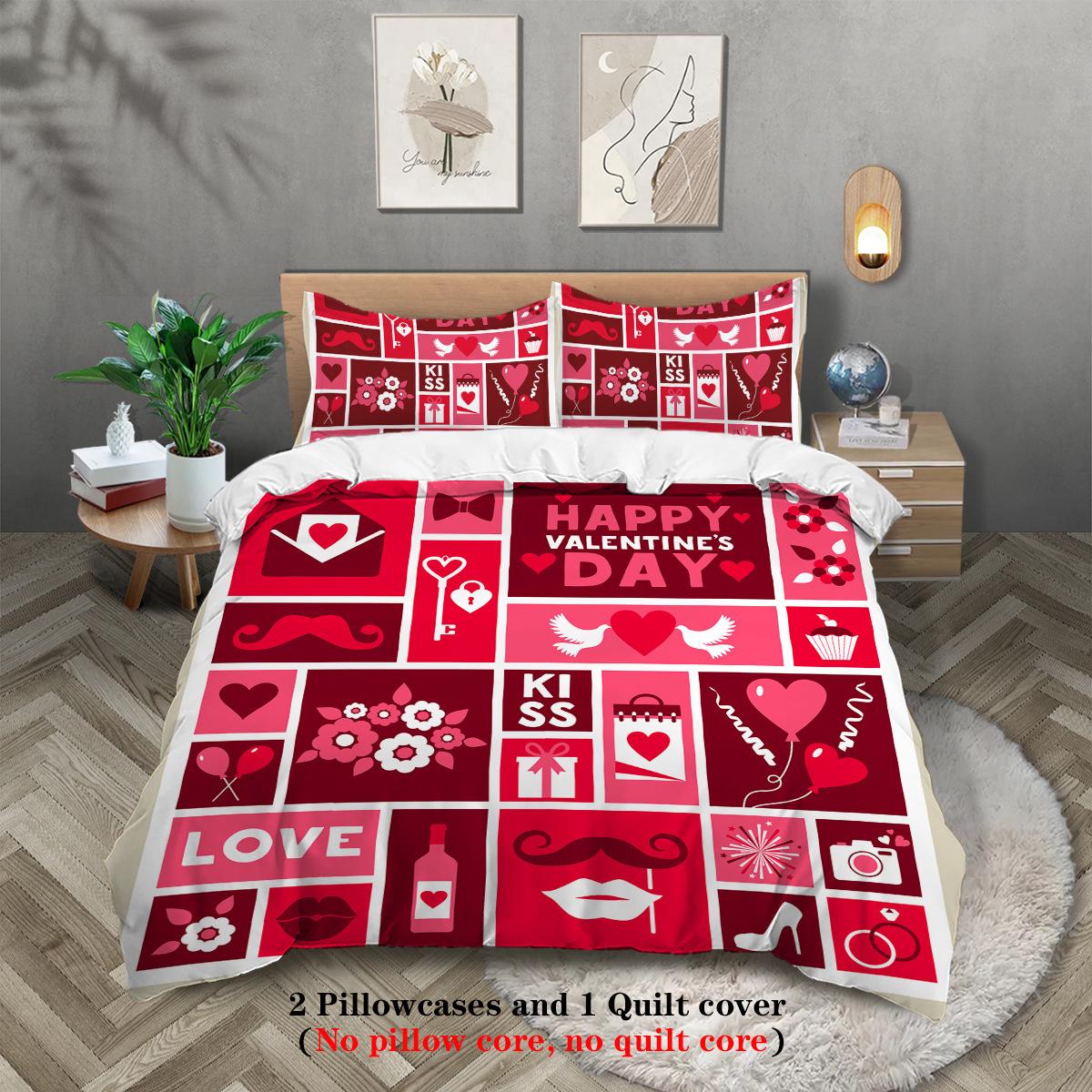 

Valentine S Day Theme Digital Printing Polyester Three-Piece Quilt Cover Bedding Quilt Cover Pillowcase 135x200cm