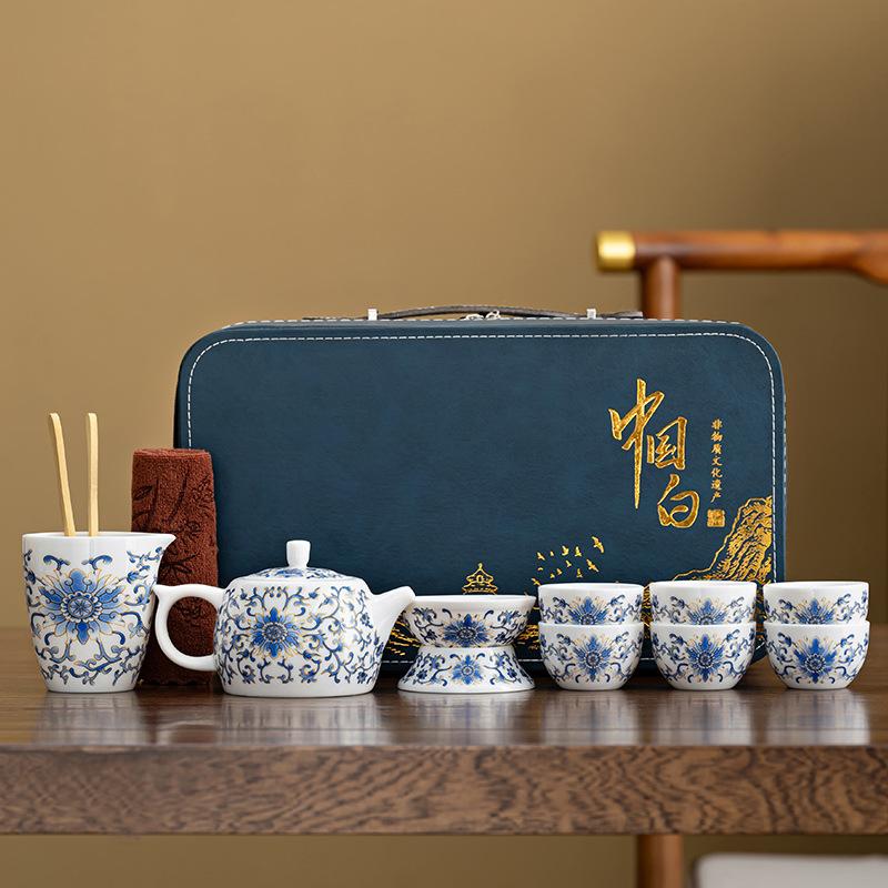 Tea set portable set suet jade guest high-end Dehua ceramics new Chinese style twisted lotus retro tea set fixed printing