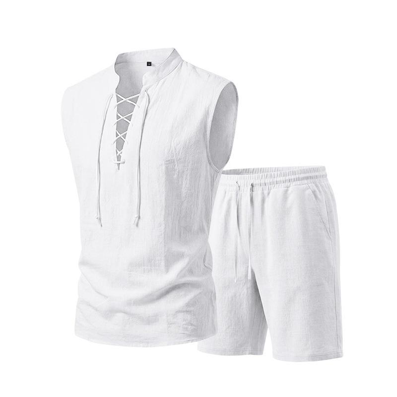 Men Solid Linen 2 Piece Outfit Mandarin Collar Lace Up Sleeveless Tank Drawstring Shorts Beach Set