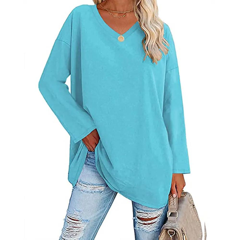 Damen Lockeres Langarm V-Ausschnitt Strickoberteil Große Plus Size Oberteile Damen Frühling Sommer Einfarbiges Oberteil Langarm V-Ausschnitt