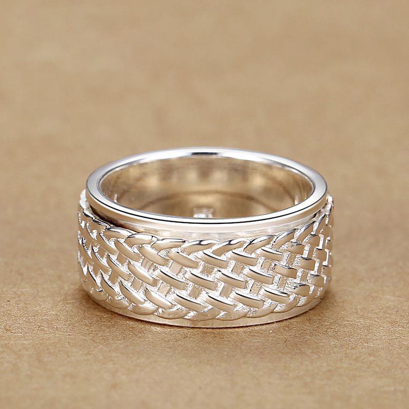 99 Sterling Silver Woven Men's Rotating Index Ring - Large Size, Ethnic Style, Personalized Trendy Design