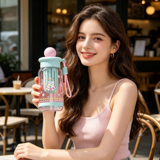 500ML Large Capacity Cartoon Water Bottle with Straw Heat-Resistant Leakproof Transparent