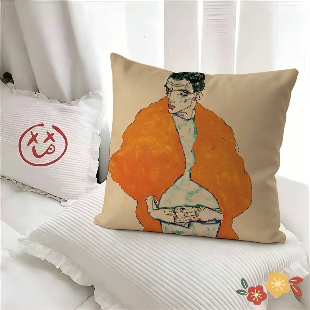 Egon Schiele Body Color Delineation Sketch Figure Pillow Case Fashion Square Pillowcase Bedroom Sofa Room Ins Decoration Leisure
