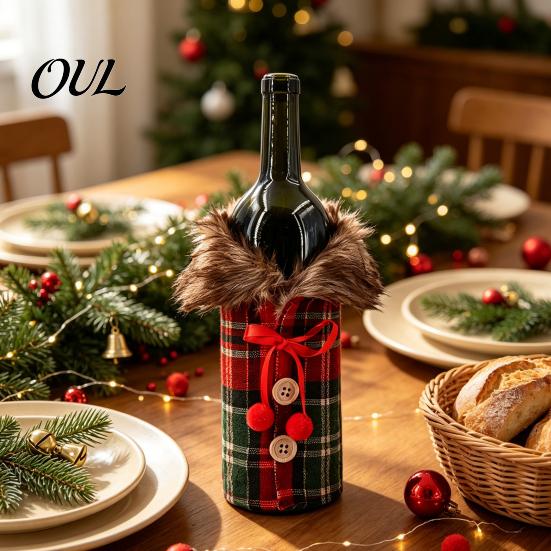 Holiday Party Table Decorations Christmas Sweater Wine Bottle Cover, Faux Fur Collar And Button Festive Cover for Home Coat Design Plaid Clothes