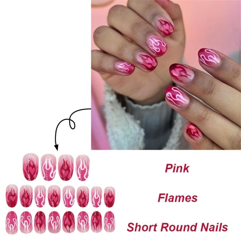 24 Stück Kurze Press-On-Nägel mit Herz- und Flammen-Designs Acryl-Fingernägel für Damen und Mädchen Einfach anzubringen und zu entfernen