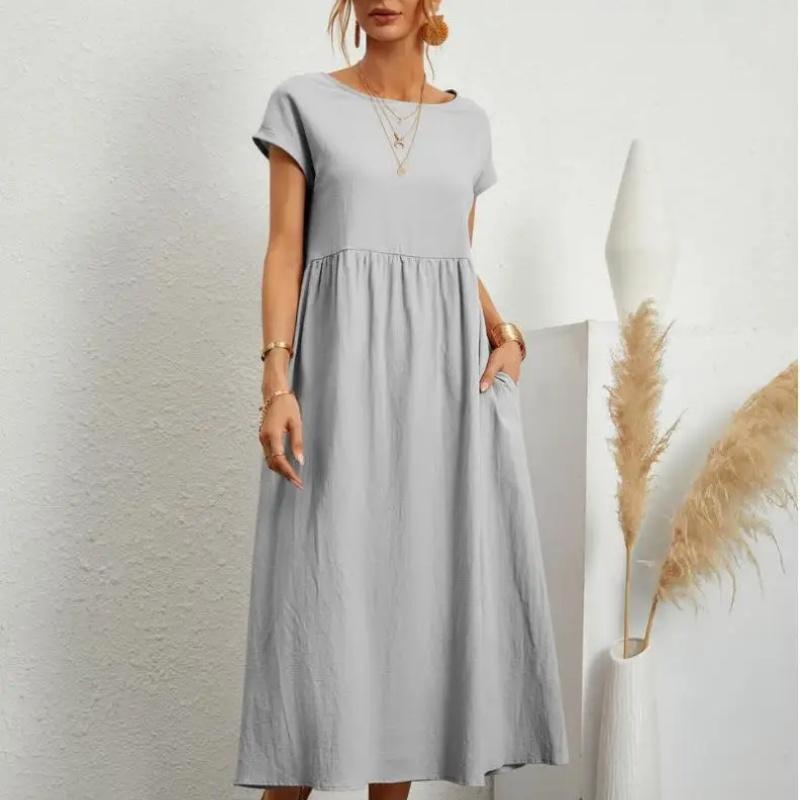 Women's Elegant Solid Color Dress Summer Short Sleeve O-Neck Vintage Harajuku Cotton Linen Comfortable Loose Pocket Long Dress