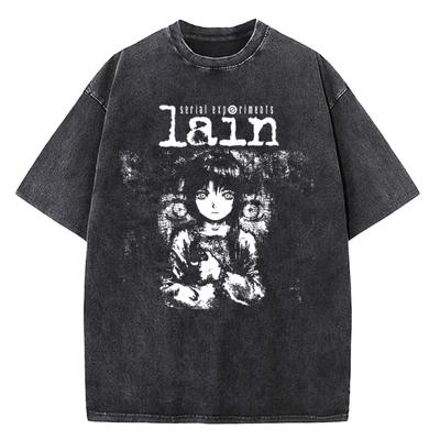 Japanischer Anime Serial Experiments Lain Vintage Washed T-Shirt Hohe Qualität Manga Kurzarm-T-Shirt Damen